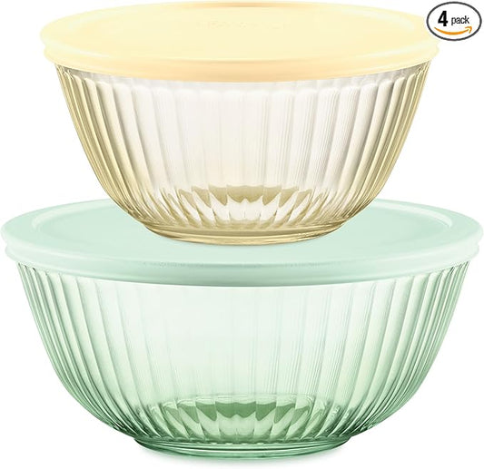 Pyrex Colors Tinted 4-PC, Small/Medium Glass Mixing Bowls With Lids, Nesting Space Saving Set of Bowls For Prepping and Baking, 1.3QT & 2.3QT
