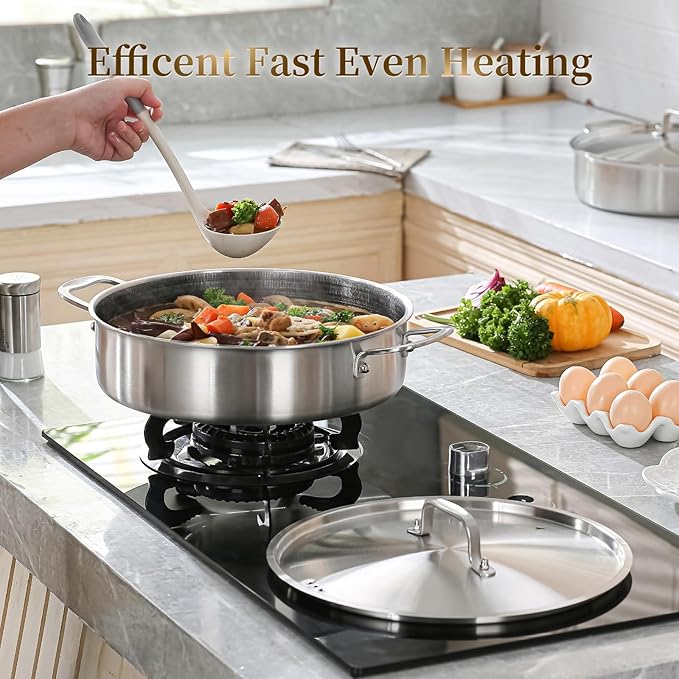 DELARLO 8QT Saute Pan Jumbo Cooker Tri-Ply Stainless Steel Pan, 13Inch Deep Frying Pan with Steel cover, Kitchen Large Skillet,Heavy Duty Style Compatible With All Cooktops Up to 650℉