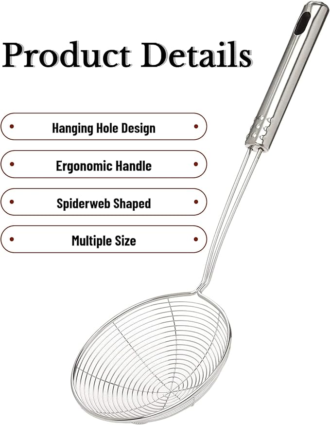 Kitchen Strainer Spoon for Deep Frying, Fine Mesh Oil Strainer with Long Handle for Cooking, Pasta, Noodles, French Fries and Fried Snacks