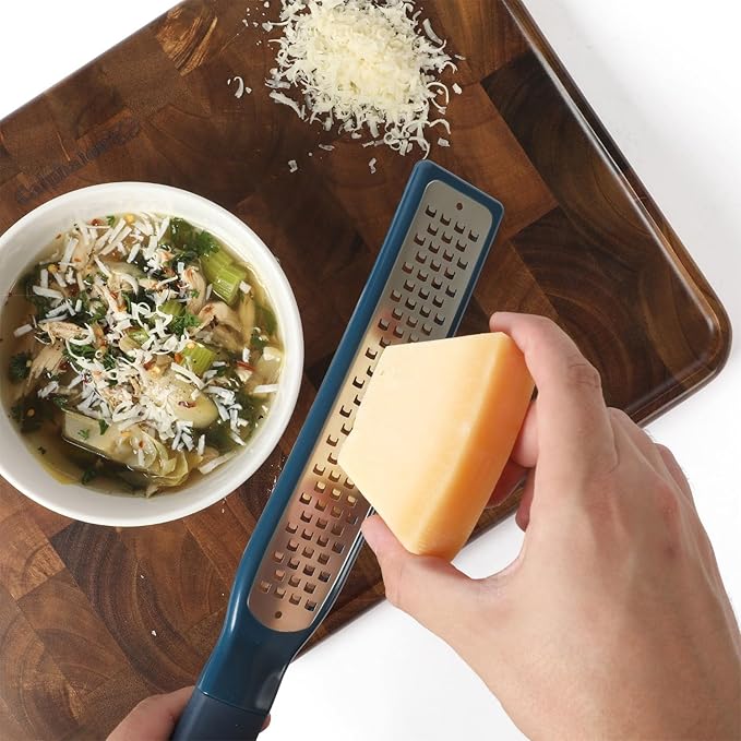 Calphalon Edge Stainless Steel Handheld Grater Lemon Zester W/Cover & Rubber Handle - Navy Blue