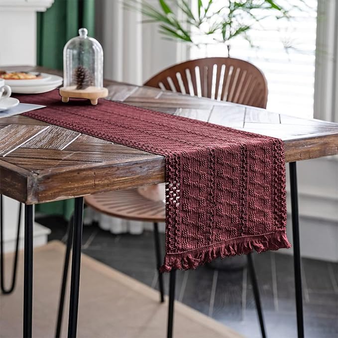 Alynsehom Macrame Table Runner Burgundy Boho Table Runners with Tassels Hand Woven Cotton Table Runner Rustic Farmhouse Table Runners for Bohemian Kitchen Dining Table(12x108in)