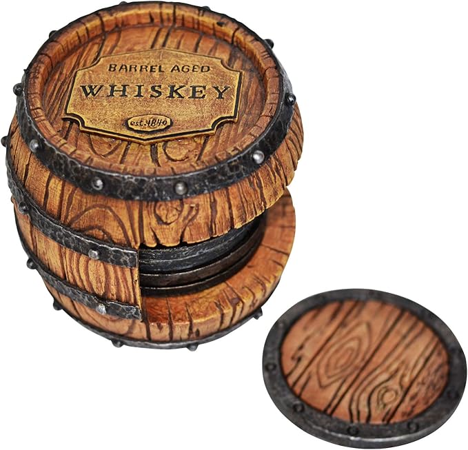Pine Ridge Whiskey Bourbon Barrel Coaster Set - 5 Rustic Pieces for Bar Decorations for Home, Coasters for Men, Ideal Bar Coasters for Whiskey and Bourbon Drinkers, Man Cave Essentials