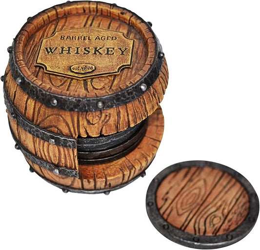 Pine Ridge Whiskey Bourbon Barrel Coaster Set - 5 Rustic Pieces for Bar Decorations for Home, Coasters for Men, Ideal Bar Coasters for Whiskey and Bourbon Drinkers, Man Cave Essentials