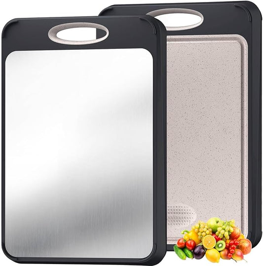 Cutting Board for Kitchen, Stainless Steel Double Sided Cutting Board for Chopping Meat/Vegetables, Stainless Steel/Wheat Straw PP, Kitchen Gifts Easy to Clean Large 16”×11”
