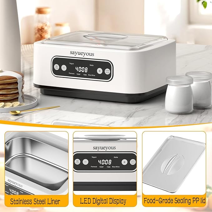 Yogurt Maker Machine with Adjust Temp(21°C-45°C/70°F-113°F)&Time(1-99h)304 Stainless Steel Inner Bowl(1.6 Quart) (Standard version)