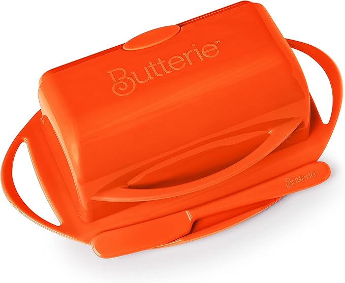 Butterie Flip-Top Butter Dish with Lid & Matching Knife, Holds 2 Sticks/European Butter, No-Mess Butter Holder, Shatterproof, Dishwasher Safe, Orange