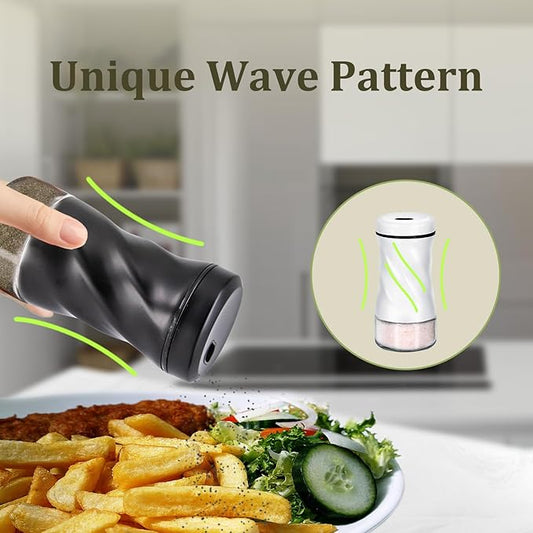 Farmhouse Salt and Pepper Shakers with Adjustable Pour Holes, Refillable Glass Salt Shaker with Stainless Steel Lids by NEODACO, Ideal for Himalayan, Kosher, and Black Pepper (Black & White)