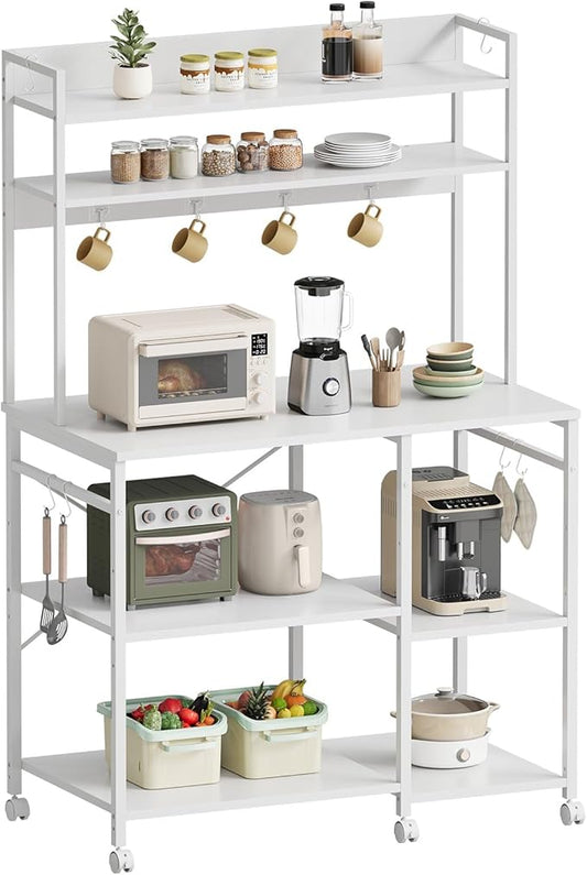 Kitchen Bakers Rack with Storage，Microwave Stand with Wheels，with Adjustable Shelves，Kitchen Shelves，Coffee Bar with 10 S-Shaped Hooks，35.4 * 15.8 * 61 Inches，White