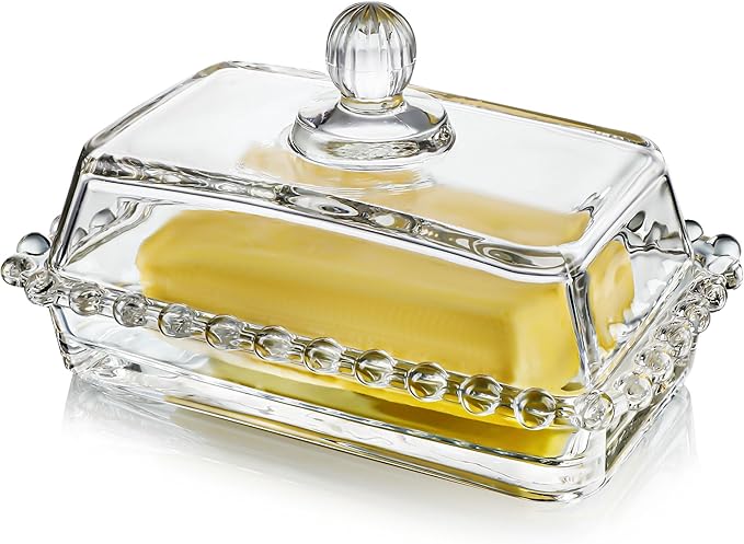 6.5'' Clear Glass Butter Dish with Handled Lid,Classic 2-Piece Design Butter Keeper For Countertop,Dishwasher Safe