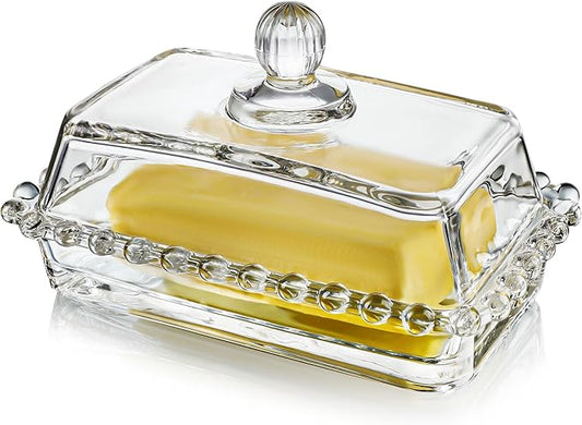 6.5'' Clear Glass Butter Dish with Handled Lid,Classic 2-Piece Design Butter Keeper For Countertop,Dishwasher Safe