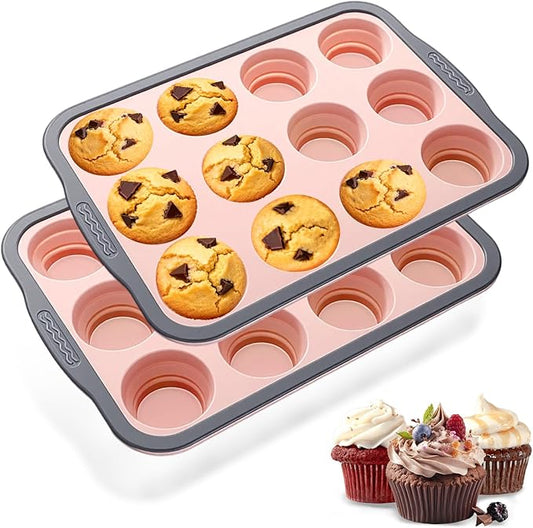 BHNJUTM 2 Pack Silicone Muffin Pan for Baking - Premium Nonstick Muffin Tin with Metal Reinforced Frame, Easy to Clean Silicone Cupcake Molds, Dishwasher & Oven Safe BPA Free(pink)