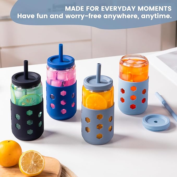 Glass Cups with Lids and Straws (4 Pack), 16oz Drinking Glasses Set with Silicone Sleeves for Coffee Bar Accessories Iced Coffee Cups with Lids, Glass Tumbler Reusable for Gifts