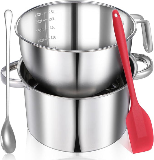 wutfuooo 304 Stainless Steel Double Boiler Set - 2.6QT Melting Bowl with Scale and Handle - 4.2QT Dual-Handle Pot - Stackable Water Bath Melting Pot Set for Butter, Chocolate, Wax, Sugar, Candle