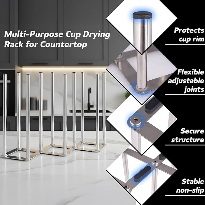 Water Bottle Drying Rack, Cup Drying Rack for Counter, Stainless Steel Tumbler Dryer Stand, Space-Saving Mug & Glass Drying Rack, Heavy-Duty Holder for Cups & Water Bottles (Silver – 10 Pegs)