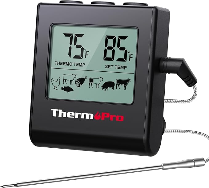 ThermoPro TP16H Large LCD Digital Meat Thermometer for Cooking, Smoking, Grilling, BBQ Food Thermometer with Clock Timer and Stainless Steel Probe, Black