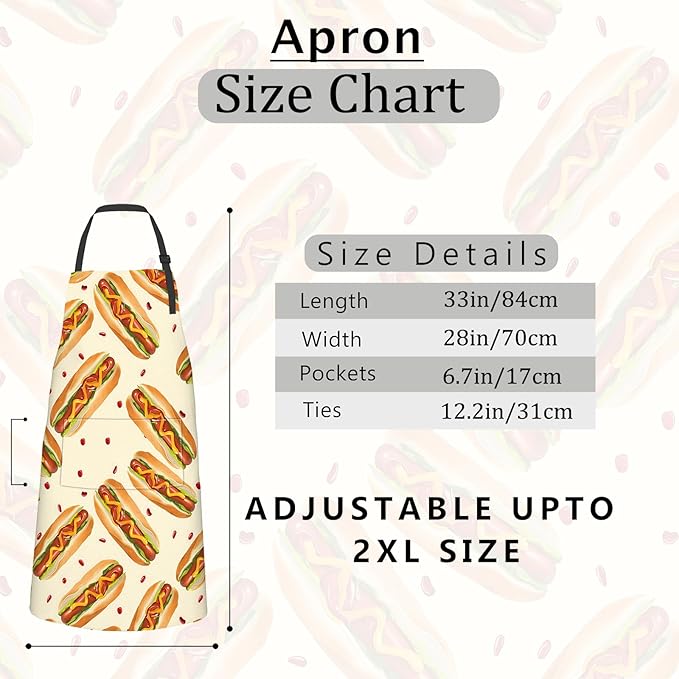 Hot Dog Print Apron Funny Retro Food Aprons Waterproof Oxford Polyester Adjustable Pockets Design for Cooking, Crafting, Barbecue Kitchen Decor, for Adults, 28x33 Inch