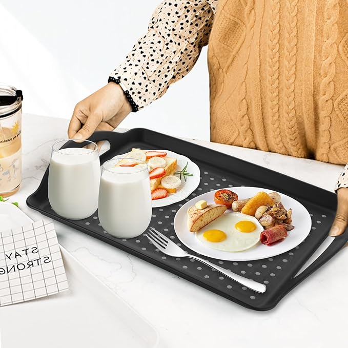 4 PCS Non-Slip Plastic Serving Trays with Handles Black Grill Prep Trays for Prep Carry Rectangular Plastic Food Tray for Serving Food, Snack,Breakfast Drink(16.5x11.4x1.6 inch)