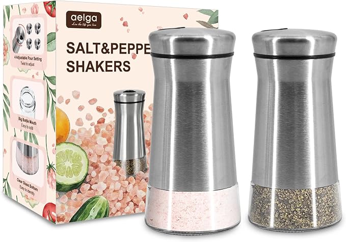 Farmhouse Salt and Pepper Shakers with Adjustable Pour Holes, Refillable Salt Shaker by Aelga, Ideal for Himalayan, Kosher, Black and White Pepper
