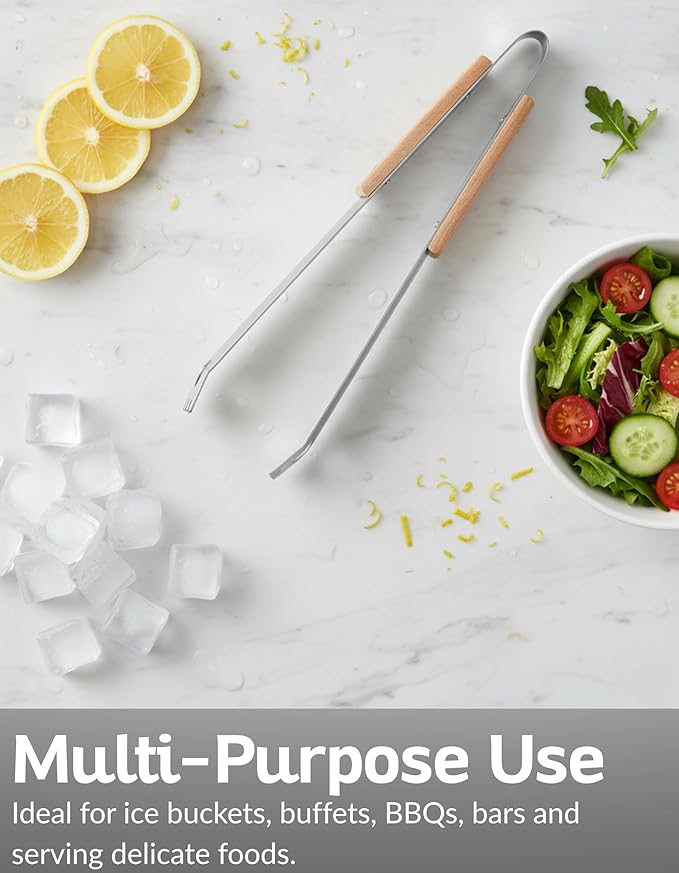 13.5” Stainless Steel Serving Tongs with Wooden Handle - Elegant Design for Ice, BBQ, Salad or Buffet - Durable & Rust-Resistant Kitchen Tongs