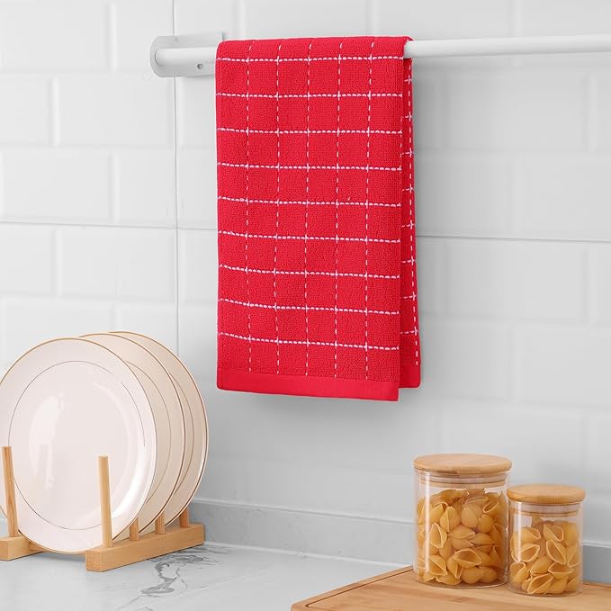 Mordimy 100% Cotton Terry Cloth Kitchen Towels, Super Soft and Absorbent Dish Towels for Drying, Checkered Designed Hand Towels for Kitchen, 16 x 26 Inches, 4 Pack, Red