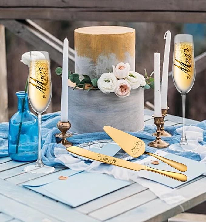 Mr and Mrs Champagne Flutes, Wedding Cake Knife and Server Set, Bride and Groom Champagne Glasses, Cake Cutting Set for Wedding, Bridal Shower Gifts, Engagement Gifts for Couples (Gold, Set of 4)
