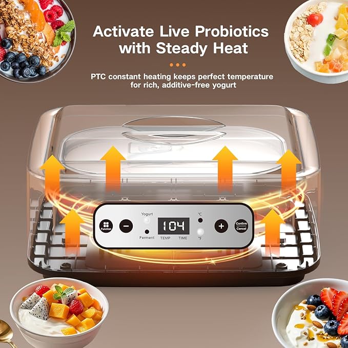 1.7 Quart Yogurt Maker with Stainless Steel Bowl, 9 Glass Jars, Digital Timer, Temperature Control, BPA-Free, Easy-to-Use, Family-Sized for Homemade Probiotic Yogurt, Dishwasher Safe