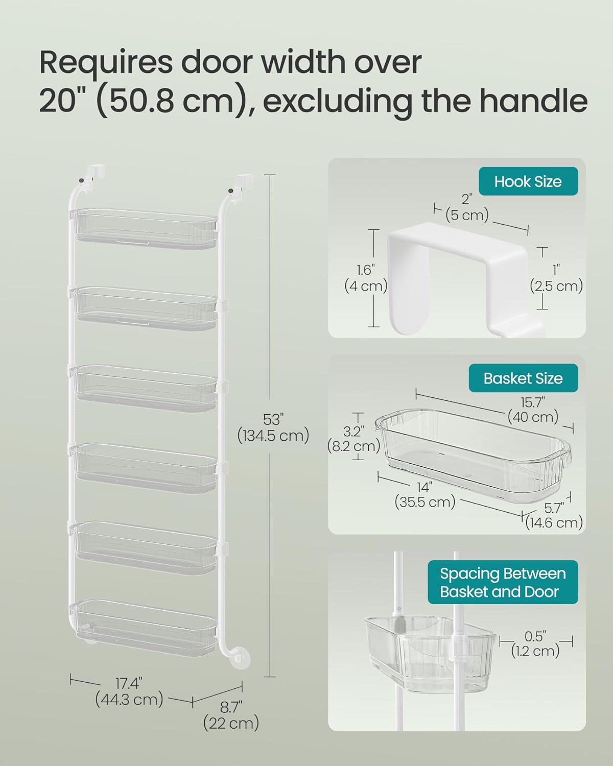 SONGMICS Over the Door Pantry Organizer, 6-Tier Kitchen Pantry Door Organizer with Adjustable Tall Baskets, Hanging Spice Rack, for Bedroom Bathroom Laundry Room, Transparent