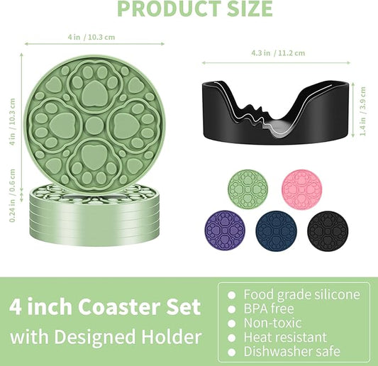 6 Pack Green Silicone Coasters with Holder, 4 Inches Non-Slip Decorative Coaster for Tabletop, Desk Dishwasher Safe Cup Mat for Bar, Drinks, Beer, Coffee