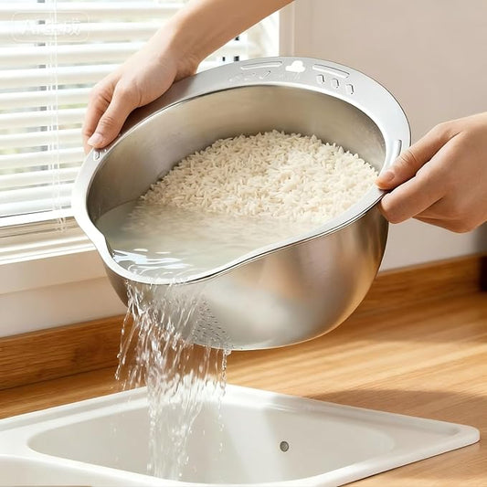 2-Piece 304 Stainless Steel Rice Washer Strainer Bowl with Grater Lid – Multifunctional Fruit Washing Basin and Rice Rinser Set, Heavy-Duty Kitchen Colander