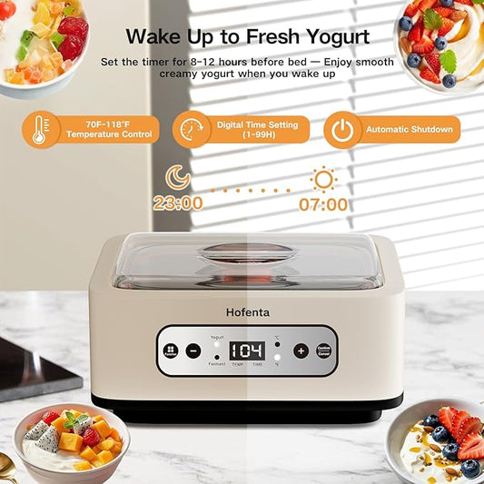 1.7 Quart Yogurt Maker with Stainless Steel Bowl, 9 Glass Jars, Digital Timer, Temperature Control, BPA-Free, Easy-to-Use, Family-Sized for Homemade Probiotic Yogurt, Dishwasher Safe