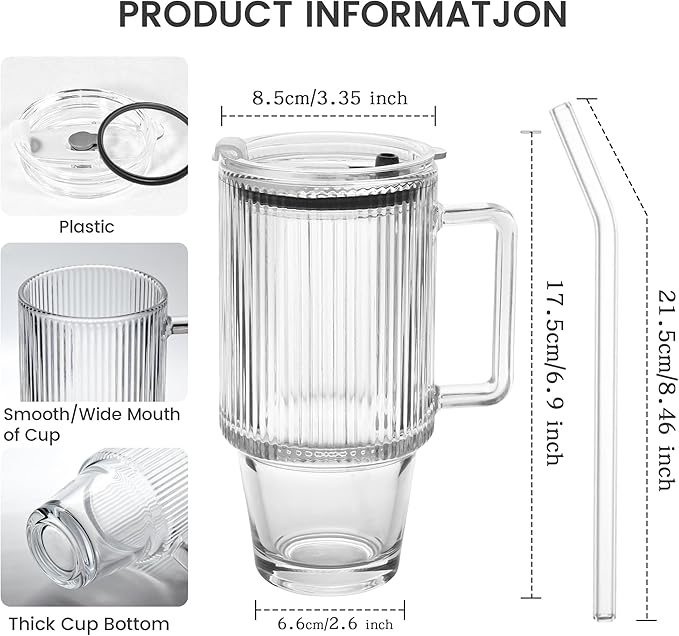 24oz Ribbed Glass Cups with Lids and Straws Handle Thick Leak Proof Drinking Glasses Tumbler for Gift Cold Drink Smoothie Boba Tea(Ribbed with Thick Plastic Lid)
