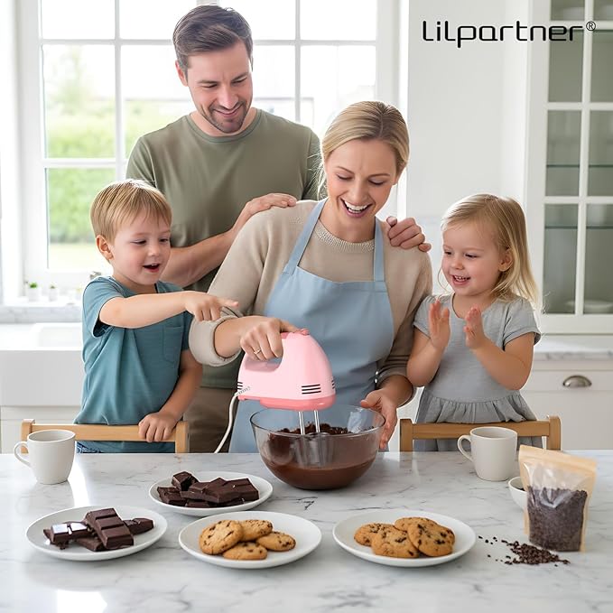 LILPARTNER Hand Mixer Electric, Small Food Mixer 7 Speeds Handheld Blender,304 *(1* Whisk, 2* Beater, 2*Dough Hook) Kitchen Blender for Cream, Cookies, Dishwasher Safe, Pink