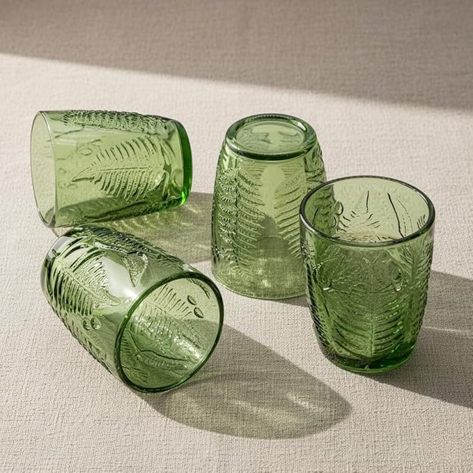 Green Drinking Glasses Set of 8, 10 oz Handcrafted Deep Textured Glass Cups, Retro Colored Drinkware for Water & Cocktails, Decorative Vintage Glassware, Everyday Use & Entertaining Artisan Gift Set
