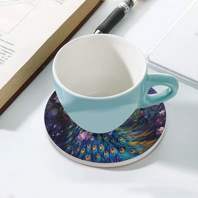 Peacock Drink Coasters, Round Ceramic Drink Coaster Round-6PCS, Vintage Watercolor Style Floral Beautiful Blue Peacock Decor Absorbent Ceramic Coasters for Beverage Cup, Bar, Coffee Table