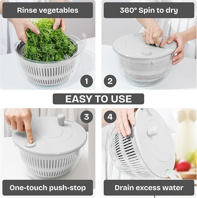 Large Salad Spinner 7-in-1 – Vegetable & Fruit Washer, Dryer, Slicer, Shredder, Juicer – Non-Slip, BPA-Free, Dishwasher Safe Lettuce Spinner Bowl for Meal Prep (White)