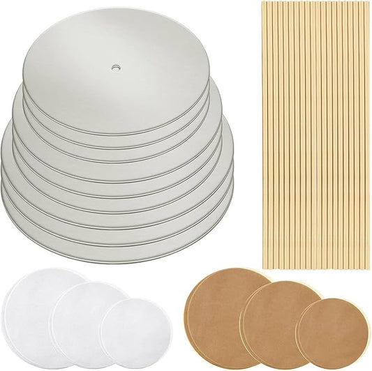 Patelai 89 Pcs Cake Tiered Stacking Kit 10,8, 6 Inch Silver Round Cake Boards with Parchment Paper Round and Plastic Dowel Rods for Stacking Support Decorating Supplies