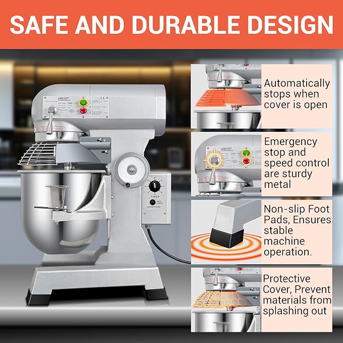 BOSBAK 20QT Commercial Planetary Stand Mixer, Heavy Duty Dough Mixer with 60-Min Timer & Splatter Guard, 3 Speeds for Kneading, Creaming, Whipping, for Bakery, Pizzeria, Restaurant