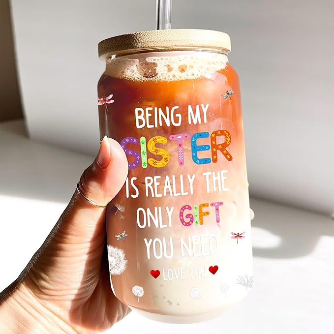 Gifts for Sister 16 Oz Glass Cups with Lids and Straws Funny Sis Iced Coffee Cup Birthday Mother's Day Christmas Gift from Brother Sisters for Friends Sibling Soulmate Bestie Women BFF