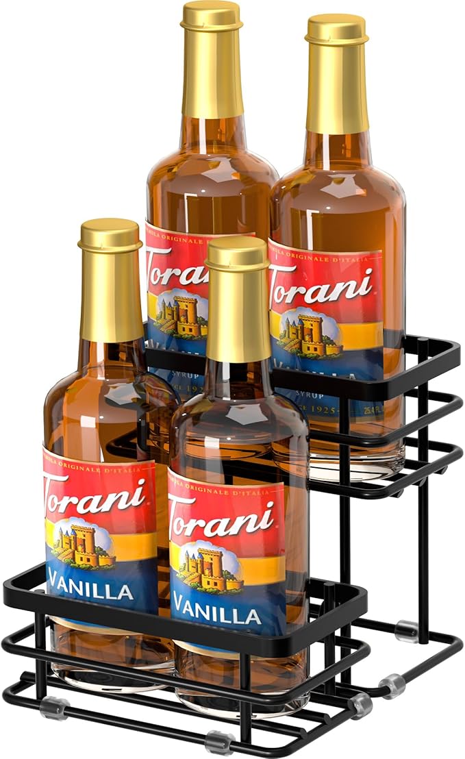 Coffee Syrup Rack Organizer, Syrup Bottle Holder Stand for Coffee Bar, 2-Tier 4 Bottles Storage Shelves for Syrup, Wine, Dressing for Kitchen Countertop (4 Bottles Black)