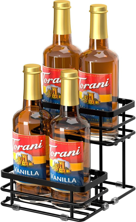 Coffee Syrup Rack Organizer, Syrup Bottle Holder Stand for Coffee Bar, 2-Tier 4 Bottles Storage Shelves for Syrup, Wine, Dressing for Kitchen Countertop (4 Bottles Black)