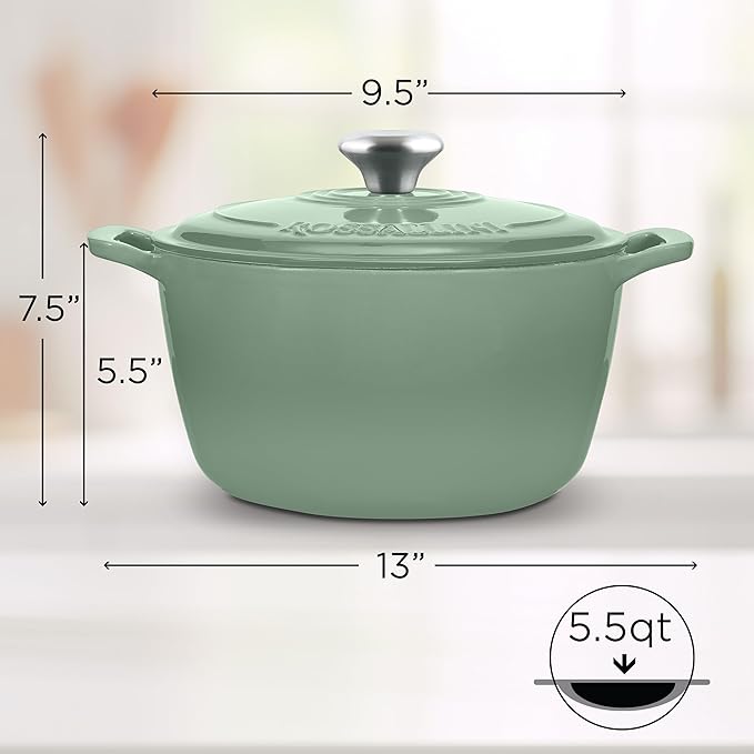ROSSALLINI Signature Enameled Cast Iron Dutch Oven, Non-Stick Serving Pot with Tight Fitting Lid for Perfect Roasting, Baking, Sauteing, and Bread Making | 5.5Q (5.2L) - Sage