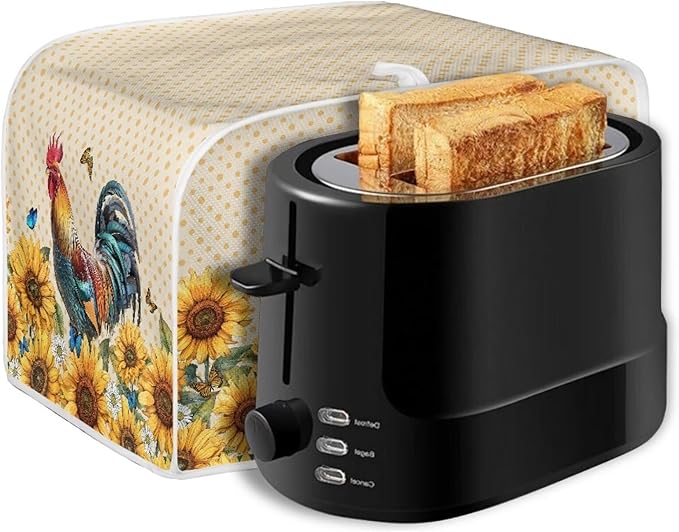 Annejudy Rooster Sunflower Print Toaster Cover - Dustproof & Waterproof 2 Slice Small Appliance Cover
