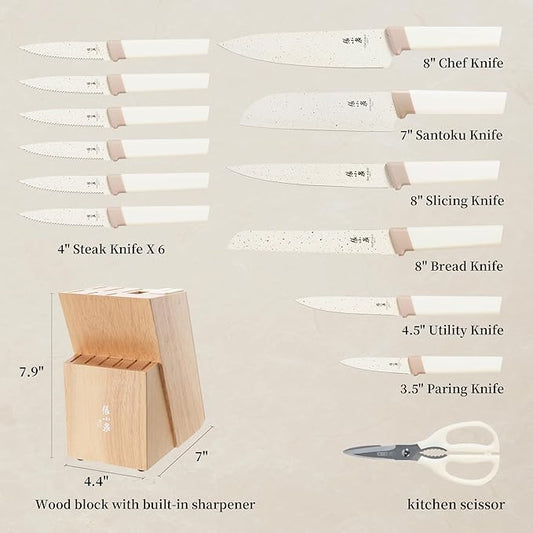 15Pcs Knife Set with Block, High Carbon Stainless Steel Kitchen Knife Set with Ceramic-Coated Blade, Sharp and Durable, Hundreds of Years of Masterful(Cream)