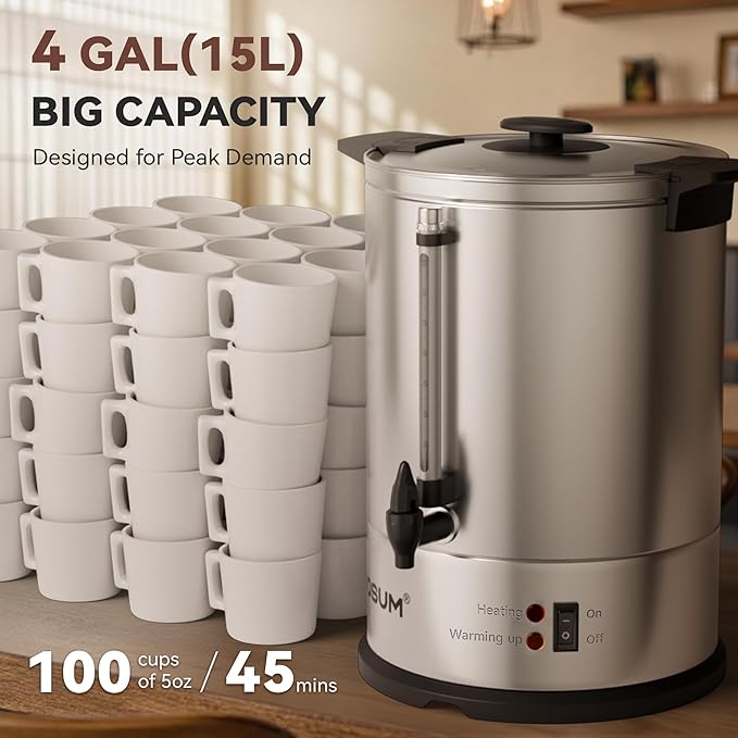 MOOSUM 100-Cup Commercial Coffee Maker Hot Water Urn, 4 Gallon Large Capacity Hot Drink Dispenser, 1500W Quick Brew for Catering Events, Stainless Steel