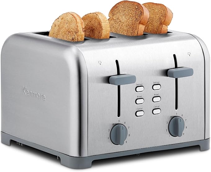Kenmore 4 Slice Toaster Stainless Steel Extra Wide Slots Adjustable Browning Bagel and Defrost Settings Removable Crumb Tray Best Prime Toaster for Bread Bagel Waffles and more