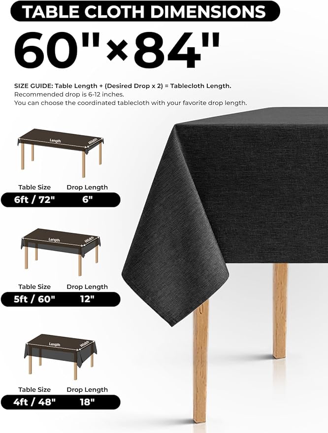 Black Cloth Tablecloths for Rectangle Tables,Waterproof Washable Dinning Fabric Table Cover Protector for Banquet, Party, Camping and Wedding (Oblong, 60 x 84 Inch (6-8 Seats), Black)