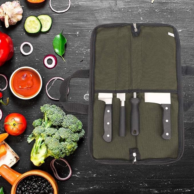 Knife Roll,Heavy Duty Knife Bag,Waxed Canvas knife Case with 4 Slots for Knives & Kitchen Tools,Chef Knife Bag with Handle.Portable Knife Roll Bag for Stroage Home Traveling Camping.Case Knives Pouch