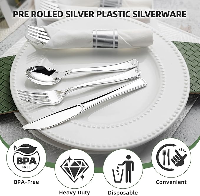 400PCS Pre Rolled Silver Plastic Silverware Sets, Heavy Duty Silver Cutlery, Include 100 Pack Wrapped Disposable Utensils with Napkins for Parties and Weddings