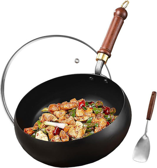 UMETRE Carbon Steel Wok Pan, 10.2" Woks & Stir-Fry Pans with Glass Lid Cookwares, Nonstick Wok Flat Bottom Small Handmade Chinese Wok For for All Stoves