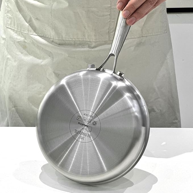 Tri-ply Stainless Steel Frying Pan 10 Inch Skillet for Chef's Cooking Pan Induction Oven Dishwasher Safe, Compatible with All Cooktops Up to 600℉ Come with Kitchen Tongs(Detachable Handle)